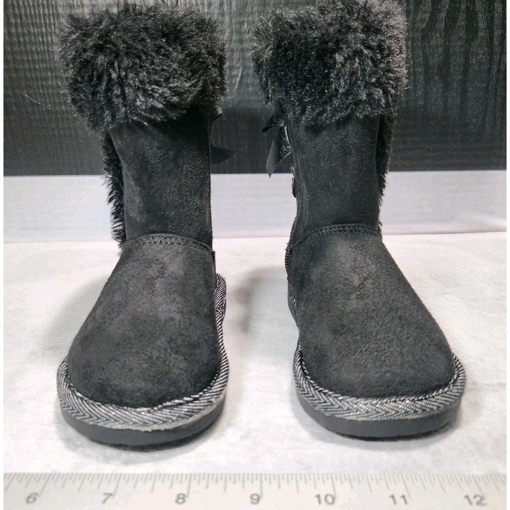 Black Faux Fur Shimmer Bow Winter Boots Toddler Size 8